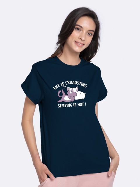 

Bewakoof Women Blue Typography NA Printed Applique Boxy T-shirt NA