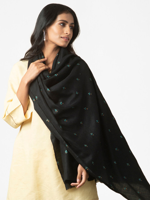 

Fabindia Women Black & Green Embroidered Pashmina Stole