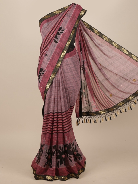 

Pothys Pink & Black Floral Poly Chiffon Saree