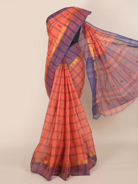 

Pothys Peach & Blue Checked Pure Cotton Saree