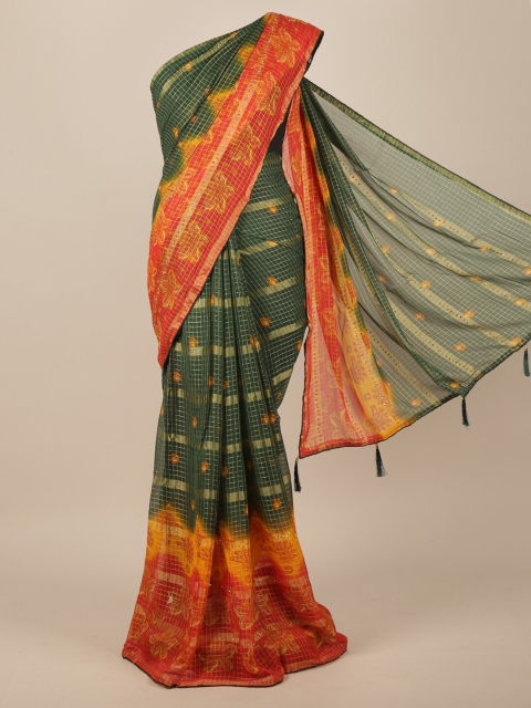 Pothys Green & Red Floral Poly Chiffon Saree