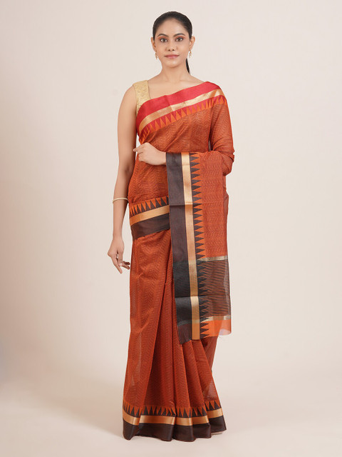 

Pothys Orange & Gold-Toned Ethnic Motifs Silk Blend Saree