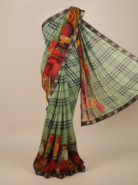 

Pothys Green & Red Checked Poly Chiffon Beads & Stones Saree