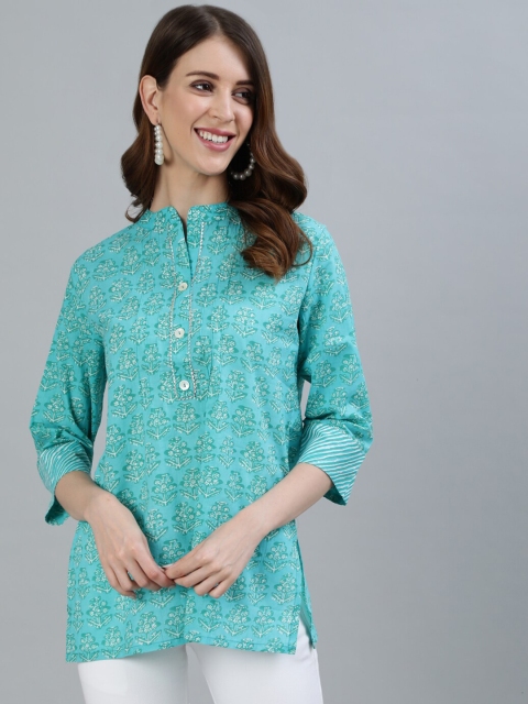 

Ishin Women Blue Floral Mandarin Collar Shirt Style Top