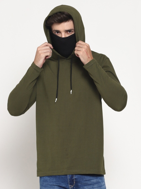 

PAUSE SPORT Men Olive Raw Edge Hooded Regular Fit Mask T-Shirt