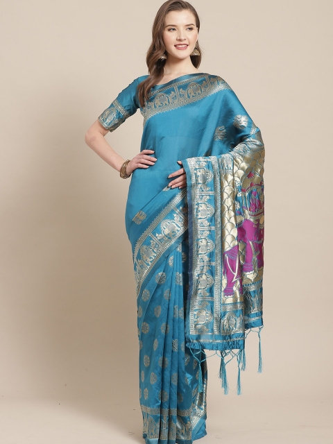 

Saree mall Blue & Gold-Toned Woven Design Zari Silk Blend Banarasi Sarees