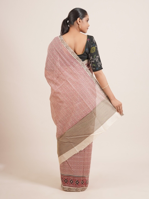 

Pothys Cream-Colour & Maroon Checked Silk Blend Tussar Saree