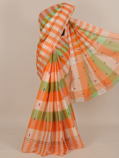 

Pothys Orange & Green Checked Pure Cotton Saree