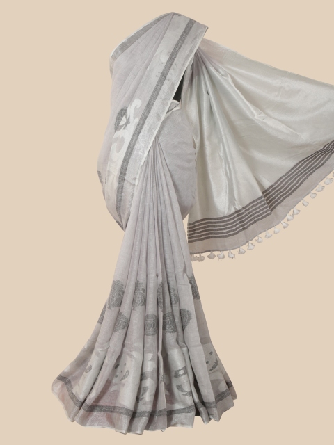 

Pothys Grey & Silver-Toned Woven Design Zari Linen Blend Saree