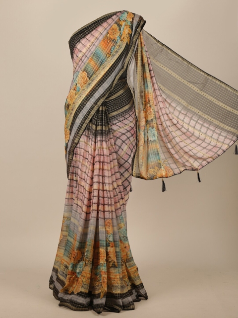 

Pothys Pink & Black Checked Beads and Stones Poly Chiffon Saree