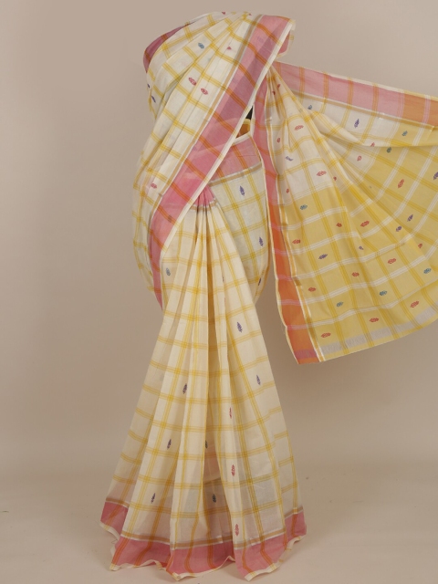 

Pothys Off White & Yellow Checked Pure Cotton Saree