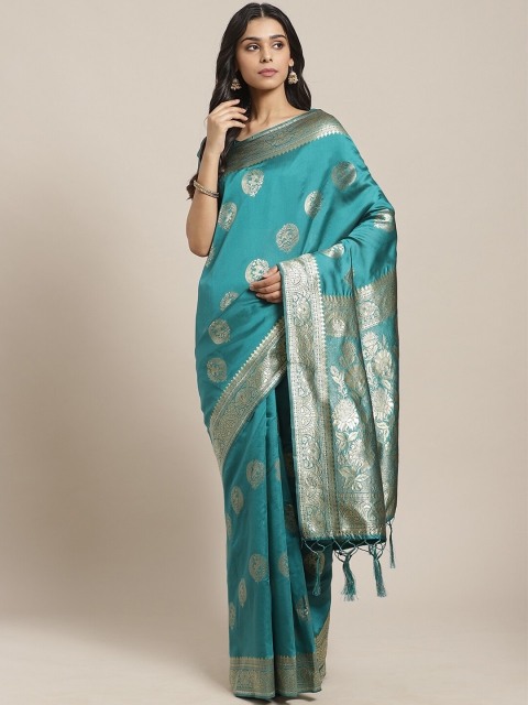 

Saree mall Teal & Gold-Toned Woven Design Zari Silk Blend Banarasi Sarees