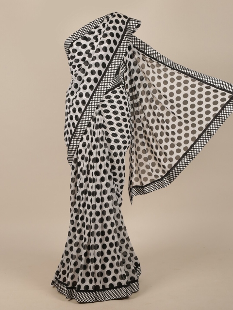 

Pothys White & Black Polka Dots Printed Poly Chiffon Saree