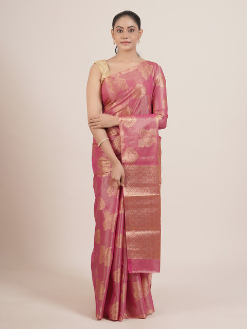

Pothys Pink & Gold-Toned Floral Tissue Saree