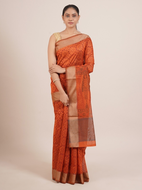 

Pothys Orange & Gold-Toned Floral Silk Blend Saree