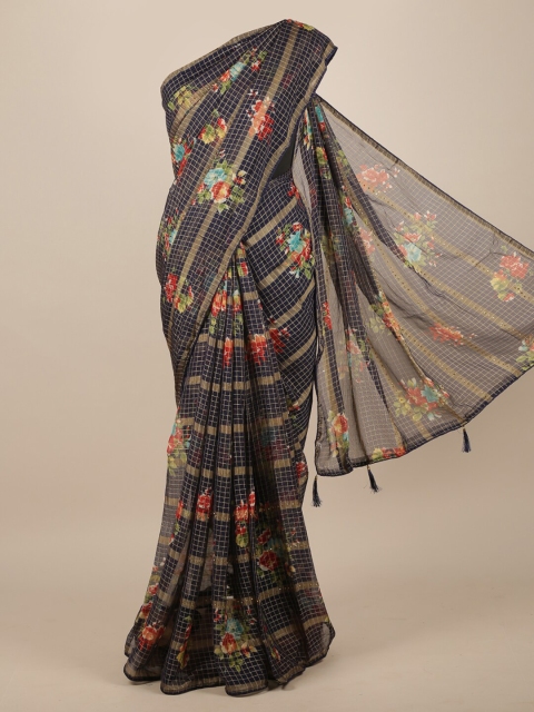 

Pothys Navy Blue & Red Floral Zari Saree