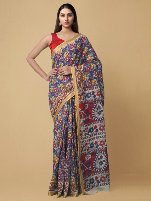 

Unnati Silks Blue & Red Kalamkari Zari Pure Cotton Saree