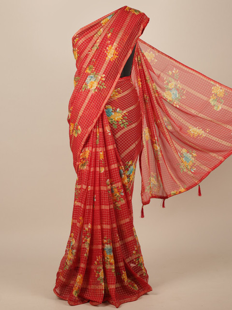 

Pothys Red Checked Poly Chiffon Saree