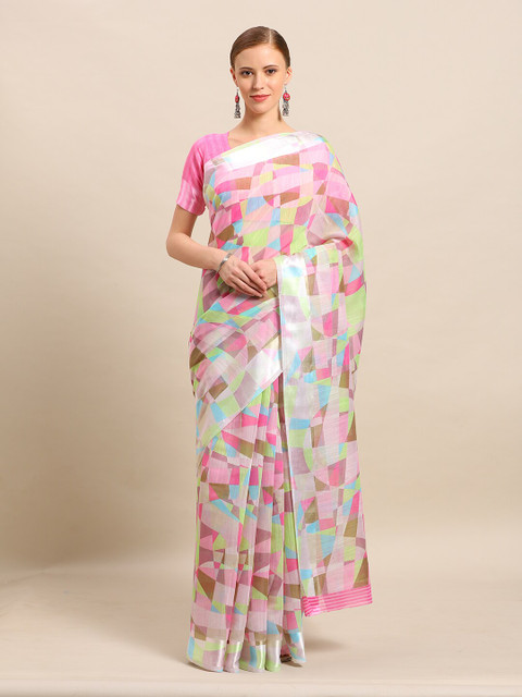 

Kvsfab Pink & White Linen Blend Saree