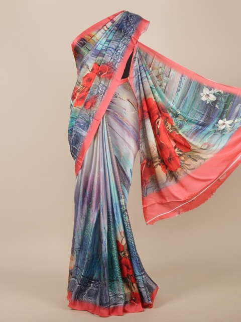 Pothys Blue & Red Floral Satin Saree
