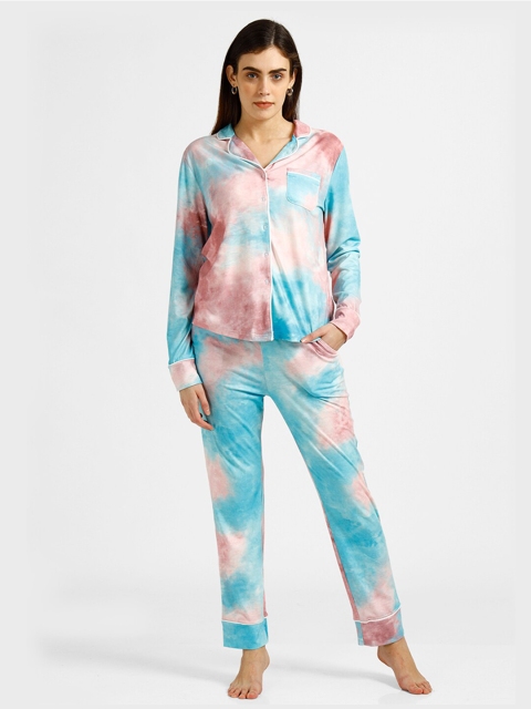 

iki chic Women Blue & Peach-Coloured Tie and Dye Night suit