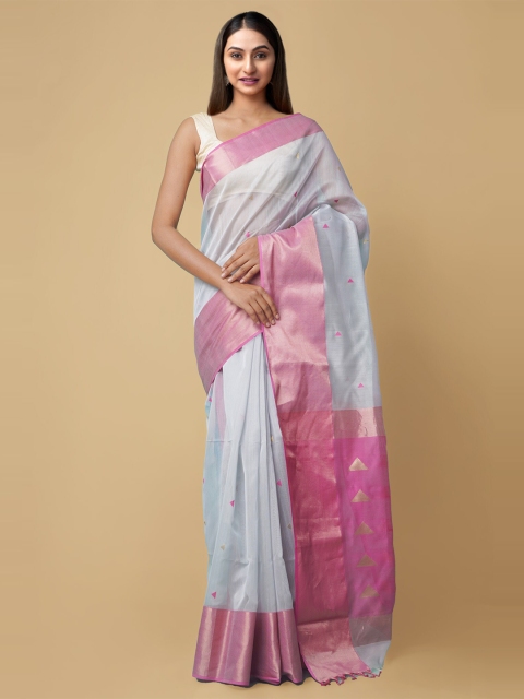 

Unnati Silks Grey & Pink Woven Design Silk Cotton Maheshwari Saree