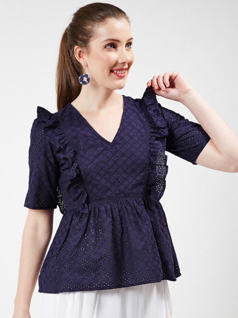 

Oxolloxo Navy Blue Self Design Peplum Top