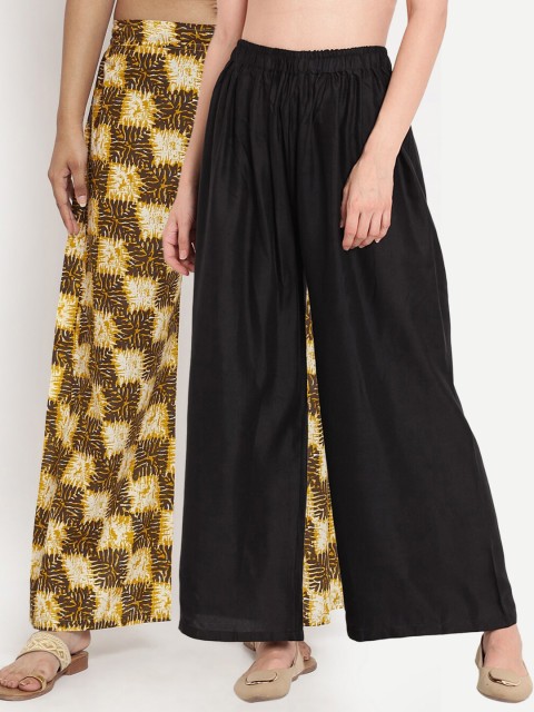

TAG 7 Women Set Of 2 Black & Olive Green Flared Ethnic Palazzos