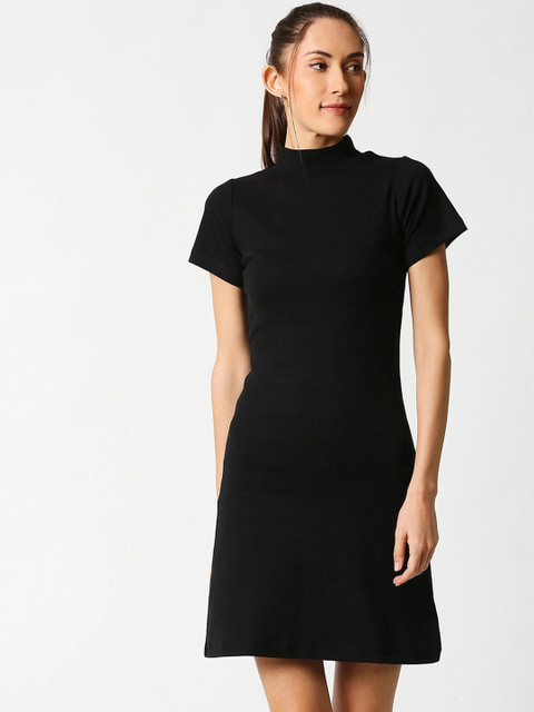 

Bewakoof Black Sheath High Neck Rib Dress