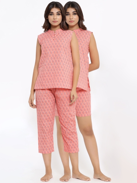 

ANAISA Women Coral & Pink Printed Straight Pure Cotton Printed 3 Piece Night Suit