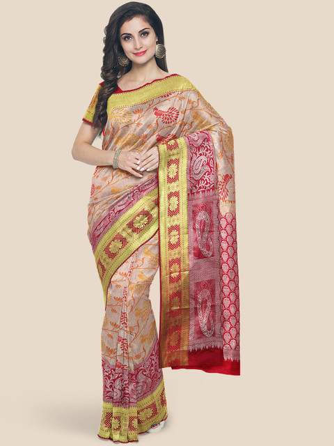 

Kalamandir Peach & Gold-Toned Ethnic Motifs Zari Silk Blend Kanjeevaram Saree