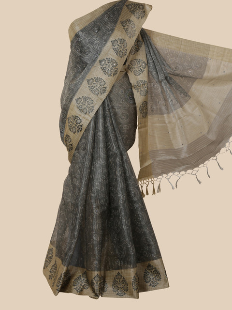 

Pothys Grey & Cream-Coloured Ethnic Motifs Tissue Saree