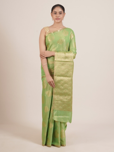 

Pothys Green & Gold-Toned Woven Design Zari Tissue Tussar Saree