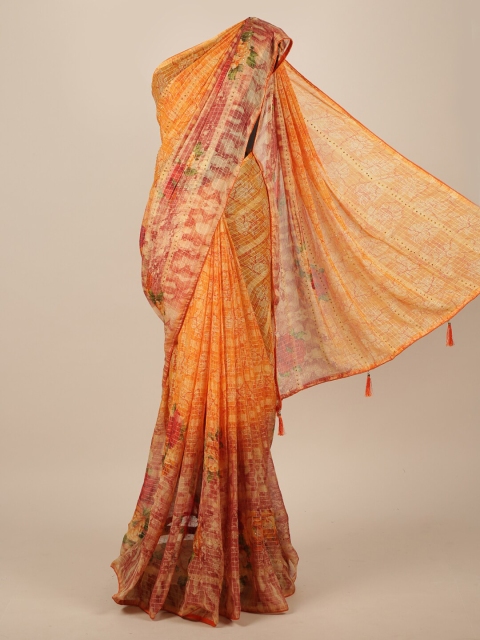 

Pothys Orange & Red Checked Poly Chiffon Saree