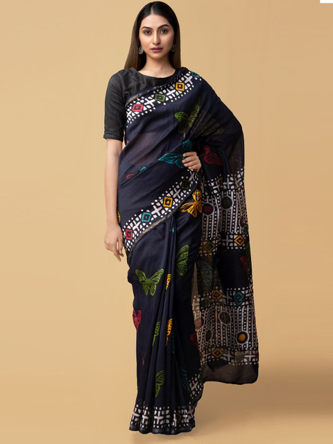 

Unnati Silks Navy Blue & White Batik Silk Cotton Chanderi Saree