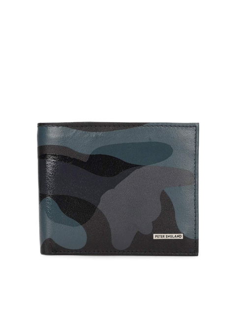 Peter England Men Black & Grey Camouflage Printed Leather Two Fold Wallet