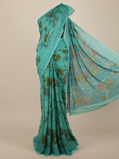 

Pothys Sea Green & Brown Floral Beads and Stones Chanderi Saree