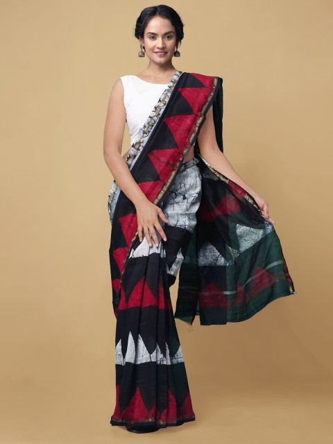

Unnati Silks Navy Blue & Red Batik Zari Silk Cotton Chanderi Saree