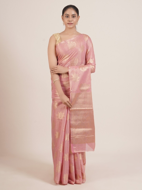 

Pothys Pink & Gold-Toned Floral Tissue Saree