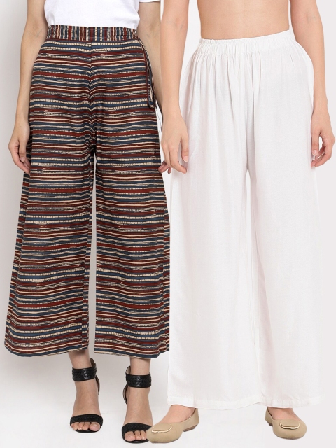 

TAG 7 Women Pack Of 2 White & Brown Flared Ethnic Palazzos