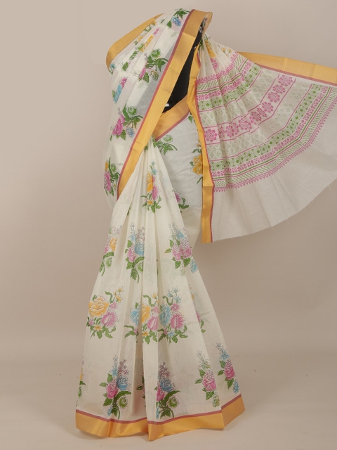 Pothys Off White & Pink Floral Saree