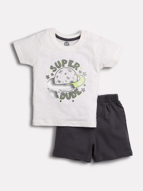 

TAMBOURINE Boys Off White & Black Printed Pure Cotton T-shirt with Shorts