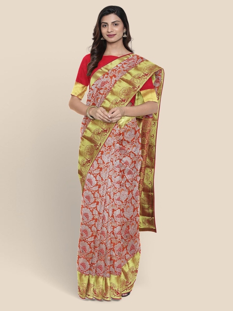 Kalamandir Orange & Gold-Toned Floral Zari Silk Blend Kanjeevaram Saree
