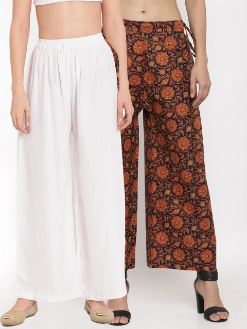 

TAG 7 Women Pack Of 2 White & Brown Flared Ethnic Palazzos