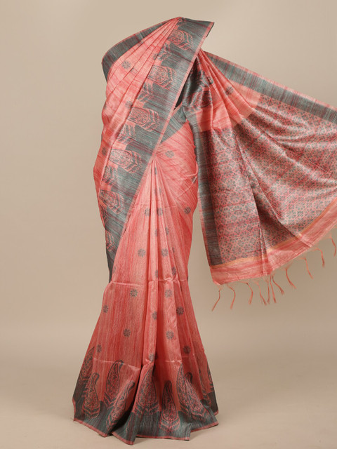 

Pothys Pink & Grey Floral Jute Silk Saree