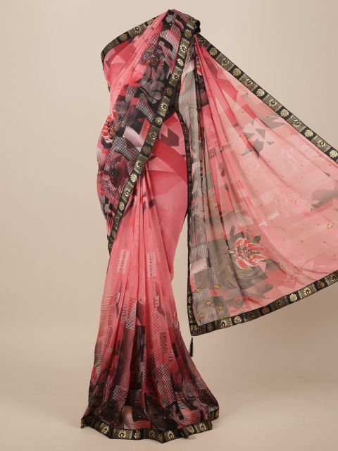 

Pothys Pink & Gold-Toned Floral Beads and Stones Saree