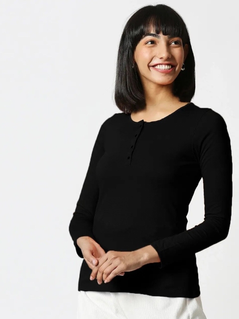 

Bewakoof Women Black Henley Neck Drop-Shoulder Sleeves T-shirt