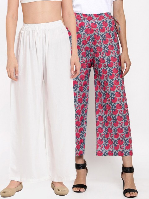 

TAG 7 Women Pack of 2 White & Pink Floral Flared Ethnic Palazzos