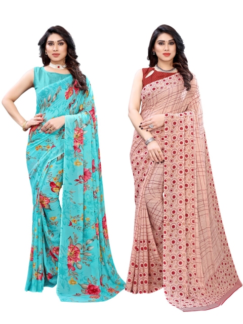 

KALINI Blue & Red Pack of 2 Floral Pure Georgette Saree
