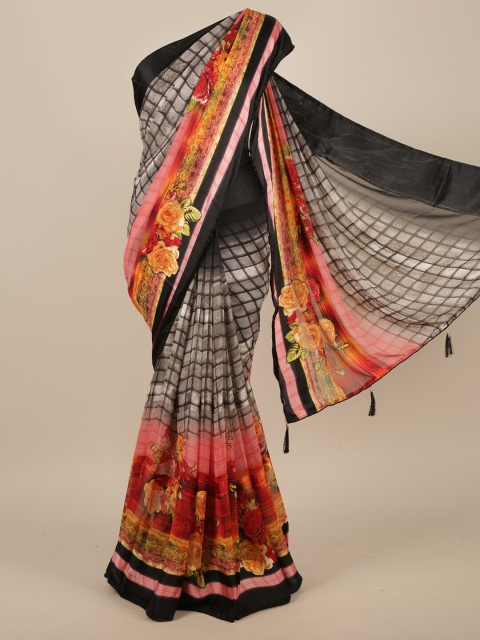 

Pothys Grey & Orange Checked Poly Chiffon Saree